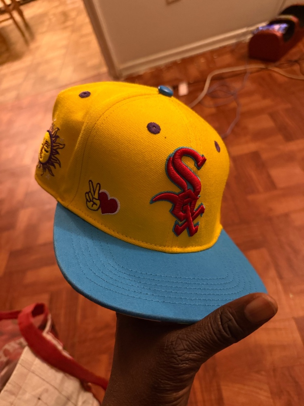 Men SnapBack Yellow and Blue Baseball Cap with Embroidered Patches